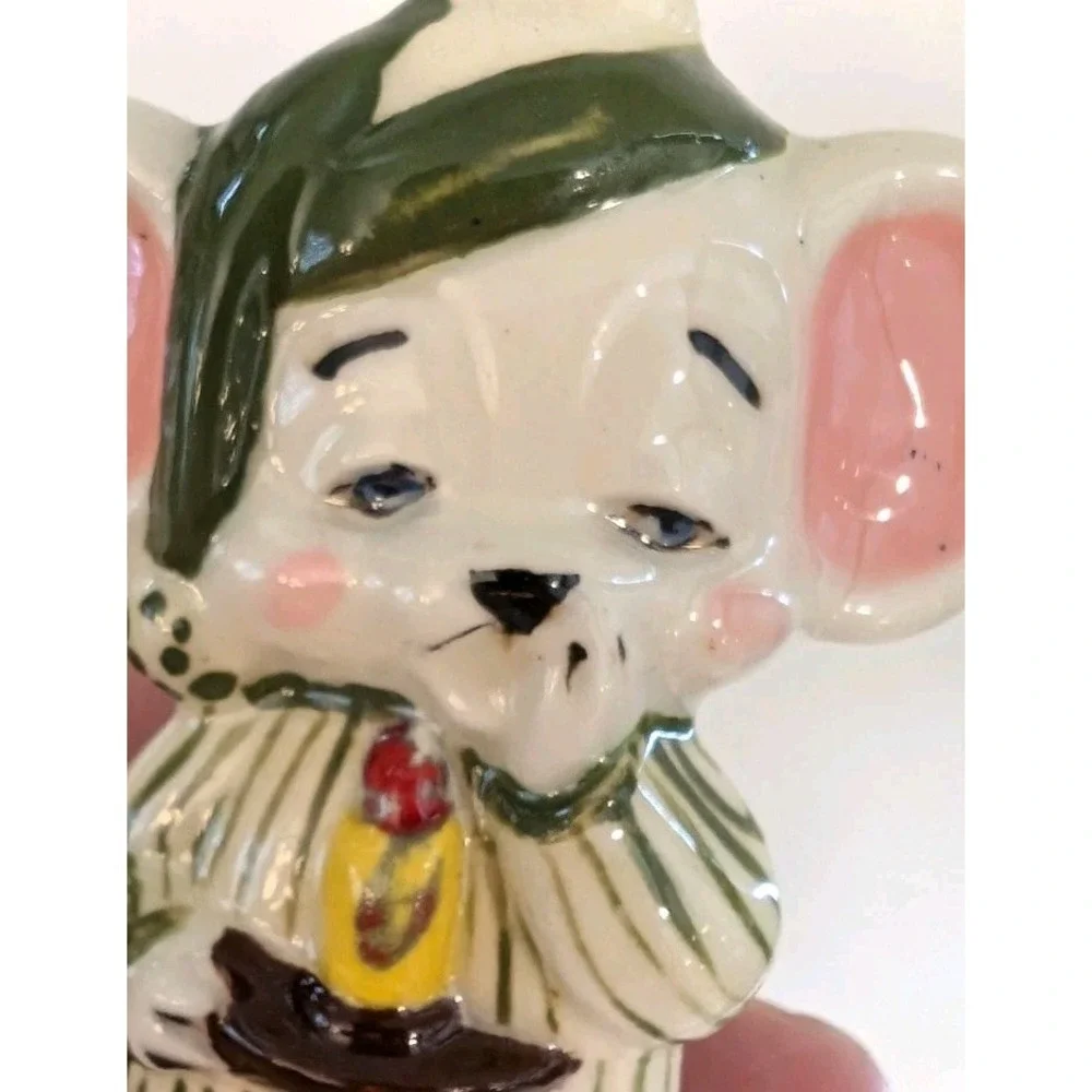 Mouse in Pajamas w Candle Hand Made Painted Ceramic Christmas Ornament Lot Of 2